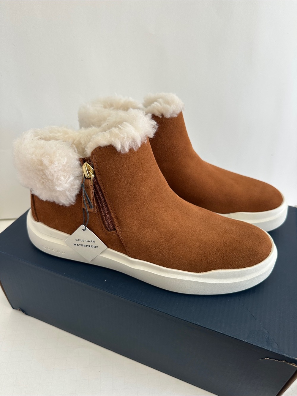 Cole Haan Chestnut Suede Ankle Booties with Cream Shearling Trim